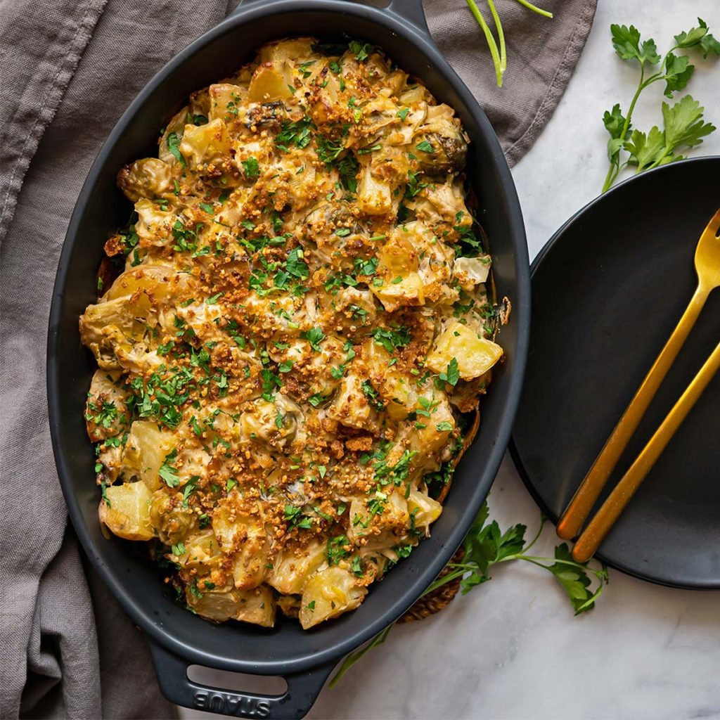Potato Brussels and Leek Bake