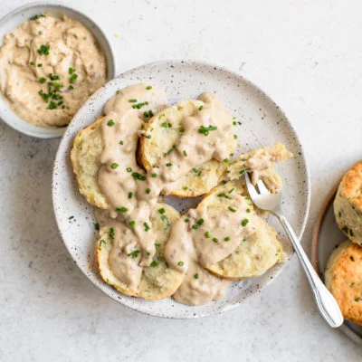 Sour Cream and Chive Biscuits with Vegan White Pepper Sausage Gravy Vegan Recipe