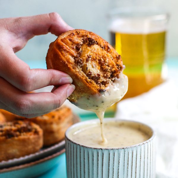 Sausage Pizza Rolls with Beer Cheese Sauce Follow Your Heart®