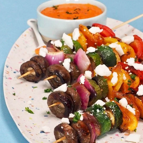 Rainbow Veggie Feta Kebabs with Creamy Red Pepper Sauce Vegan Recipe