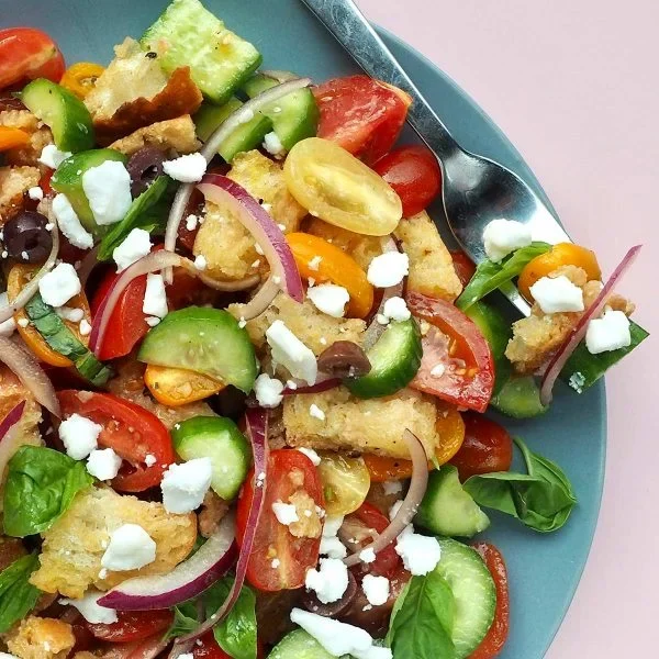 Tomato and Feta Panzanella Salad Vegan Recipe