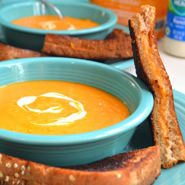 Vegan Roasted Tomato Soup with Vegan Grilled Cheese